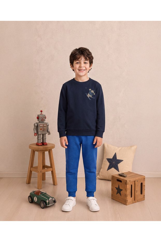 Boy's Cotton Interlock Skiing Bear Printed Long Sleeve Pajama Set Navy Blue