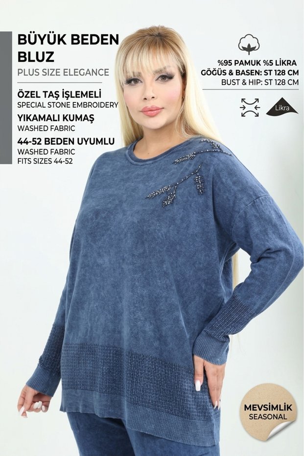 Plus Size Women's 44 52 Size Washable Knitwear Blouse Pure Cotton Seasonal Mother - Stone Embroidered Long Sleeve