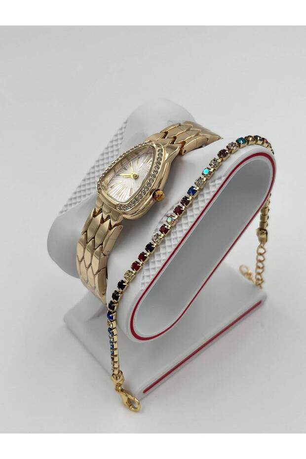 Women's Wristwatch and Bracelet Combination Set – Stylish Steel Band Watch and Colorful Stone Bracelet as a Gift