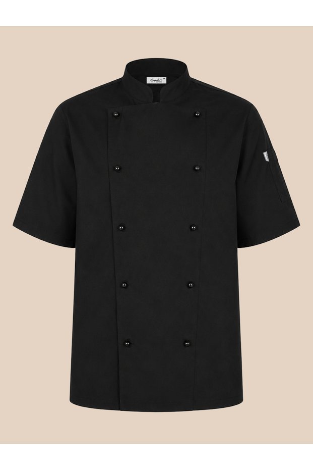 Durable Fabric - Short Sleeve Women's Chef Jacket - Double Breasted with Double Row Buttons - Collar with Name Embroidery Gift - White/Black