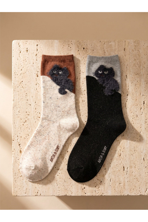 Women's 2-pack cat print ankle socks - black mix