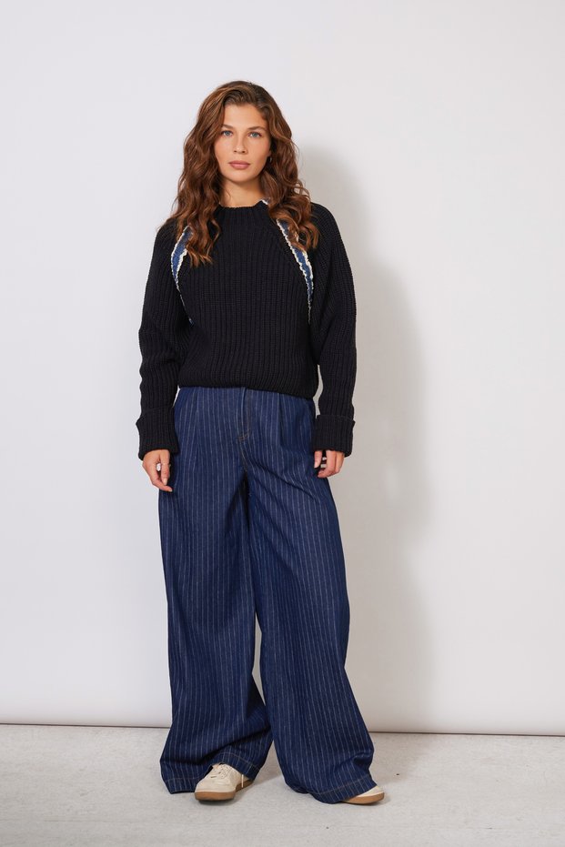 Jeans Striped Detail High Neck Folded Sleeves Tricot Sweater Black
