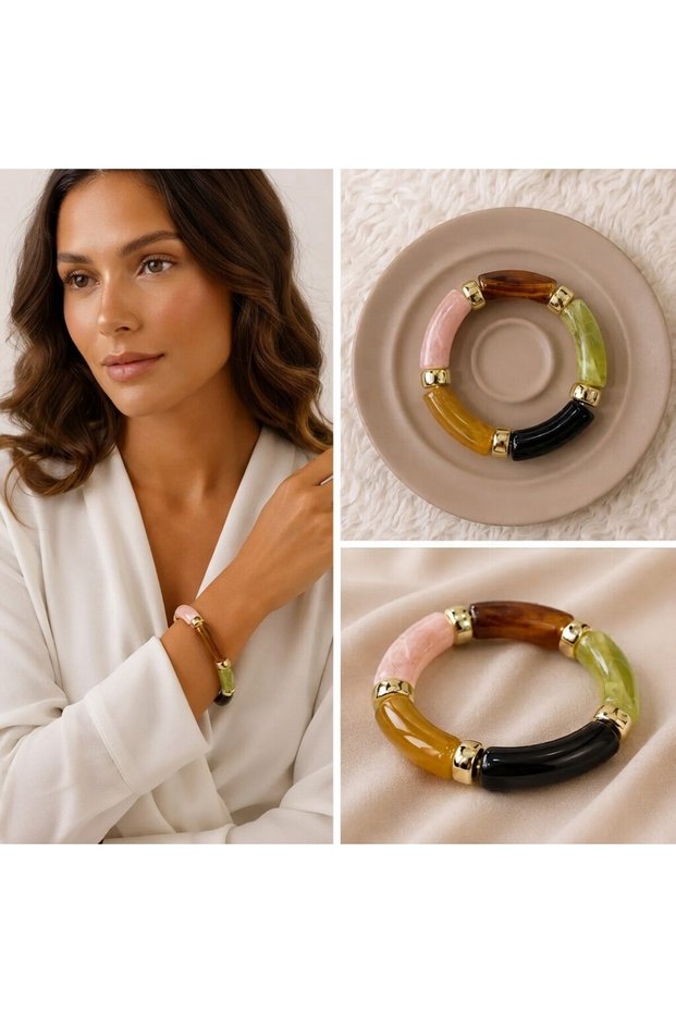 💎   Premium Shiny and Stylish Multi-Colored Gold Color Detailed Flexible Women's Acrylic Bijoux Bracelet (20 cm)