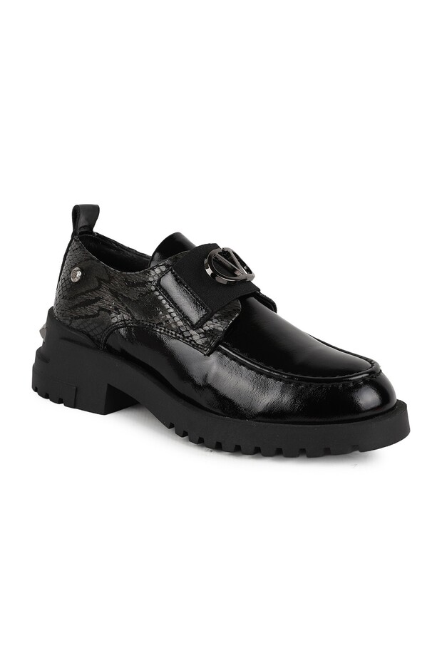 Women's Shoes 26K-3280 Brown Patent Leather Snake Patterned Metal Buckle Thick Sole Comfortable Daily Wear