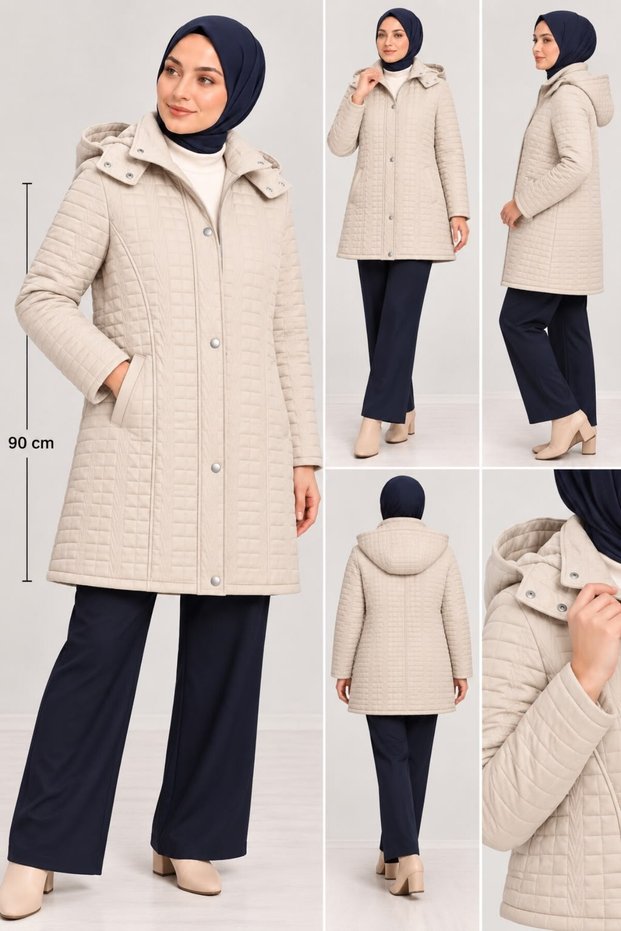 Women's Cream Color Velboa Quilted Oversize Coat