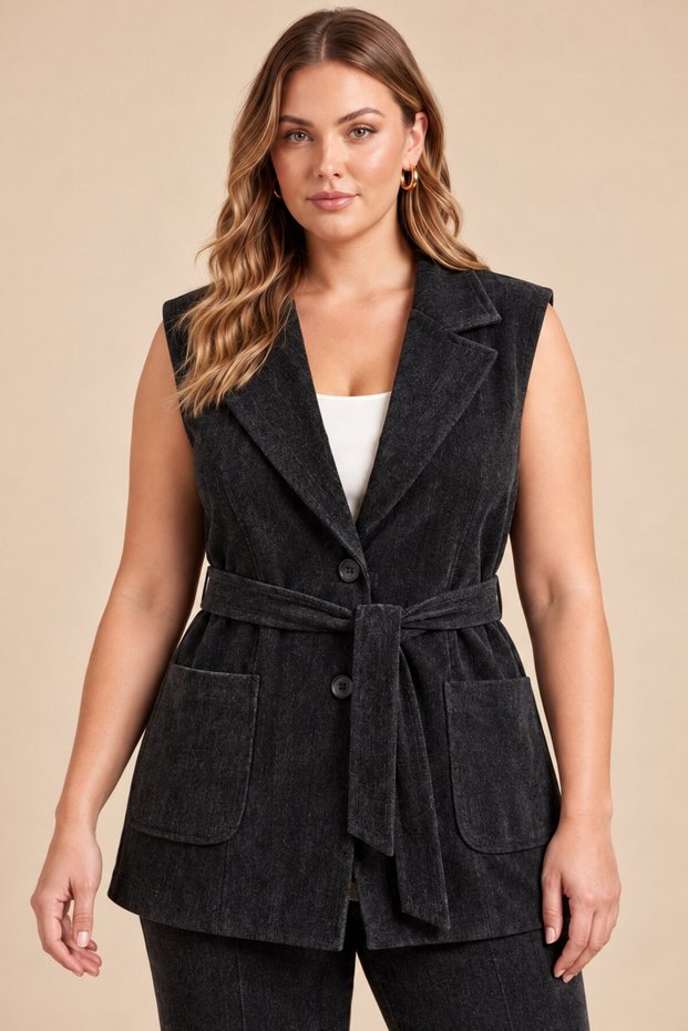 Velvet Detailed Waist Tie, Large Size Lined Vest with Buttons, Black