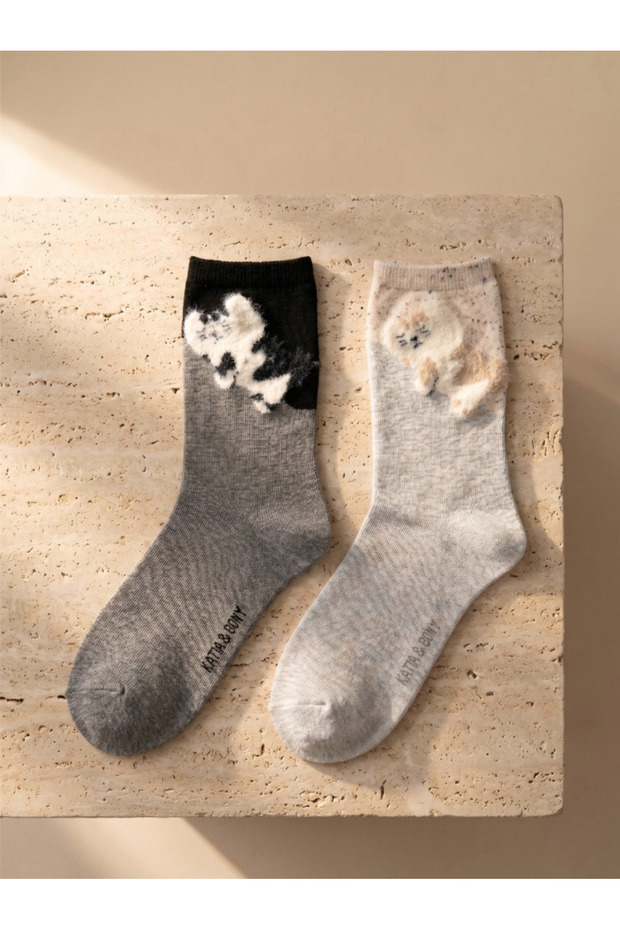 Women's 2-pack cat print ankle socks - grey mix