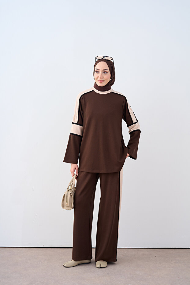 Women's Camisole Stripe Detail Crew Neck Pantsuit Brown