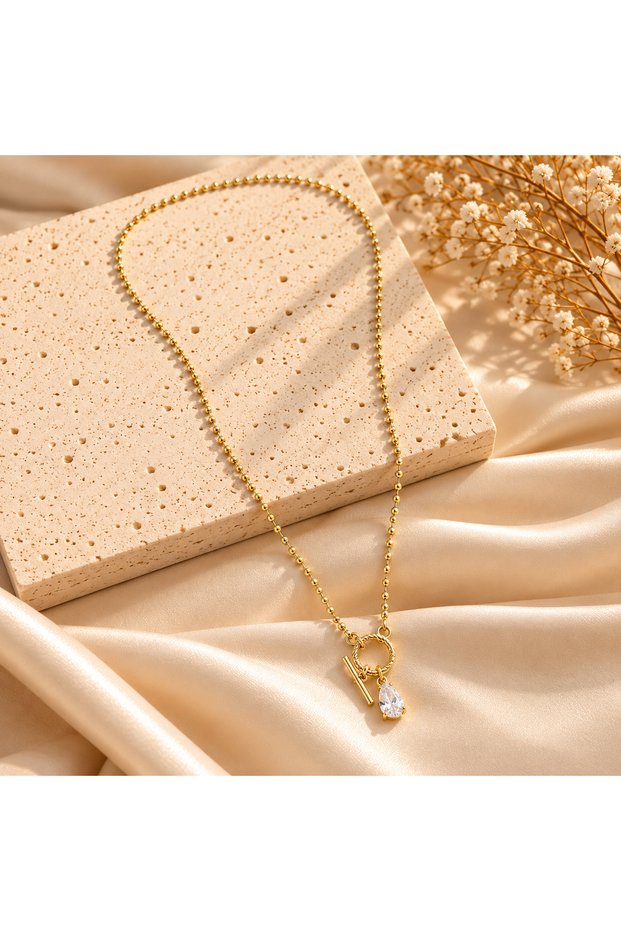 Gold Colorful Stone Pendant Necklace for Women – Elegant Long Necklace with Hoop Detail