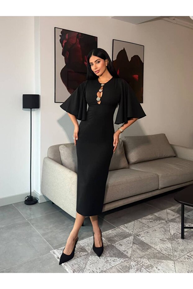 Women's Black Collared Midi Dress with Button Accessories, Cape and Slits