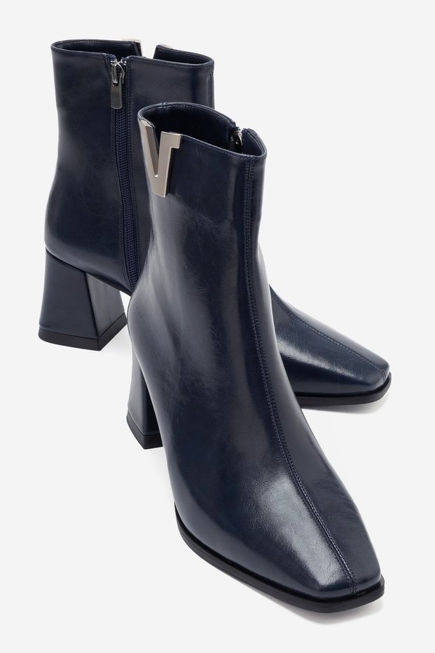 Lean Navy Blue Leather Buckle Women's Thick Heeled Boots