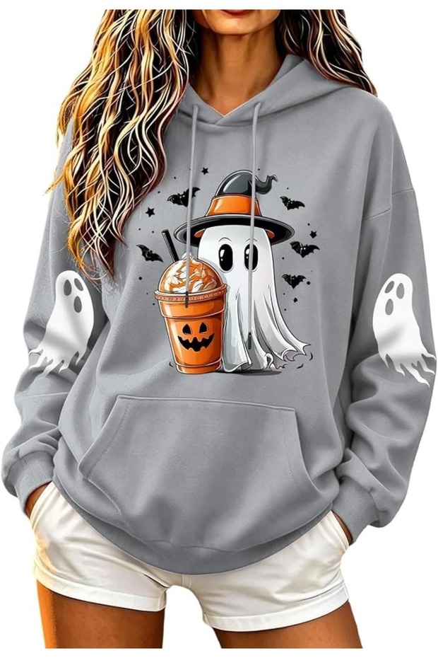 Women's Gray Ghost Printed Hooded Sweatshirt Oversized Halloween Hoodie
