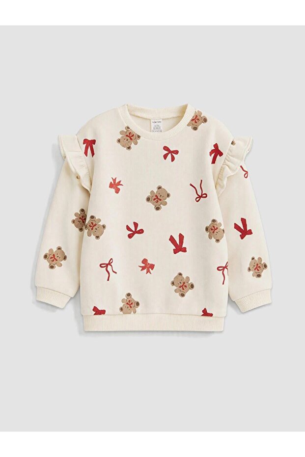Crew Neck Ruffled Patterned Baby Girl Sweatshirt (W6)