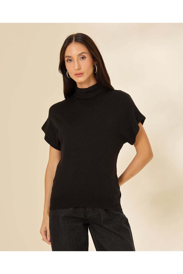 Women Black Knitted High Neck Short Sleeve Vest