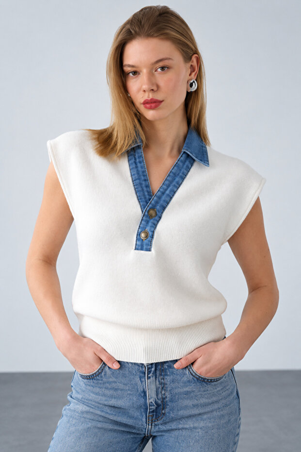 Women's Cream Collared Sleeveless Knit Sweater with Denim Detail