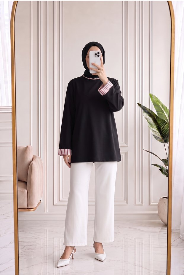 Mihrişah Collar and Sleeves Decorated Tie-Up Sweatshirt-Eu3521 Black