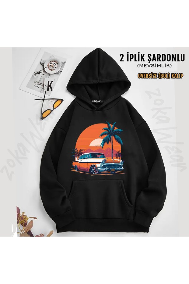 Classic Car Printed Hooded Sweatshirt