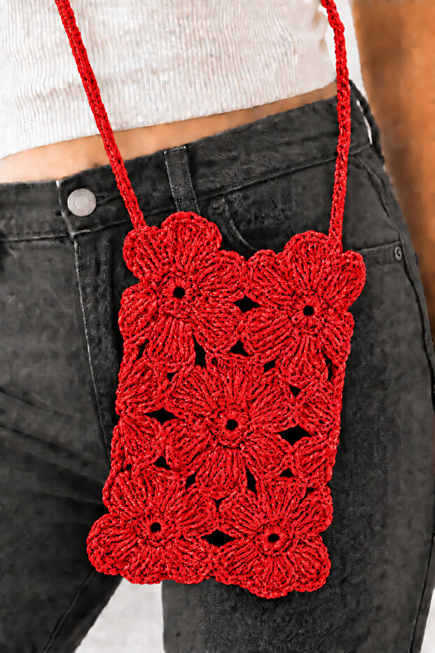 Paper String Hand-Knitted Flower Motif Phone Bag