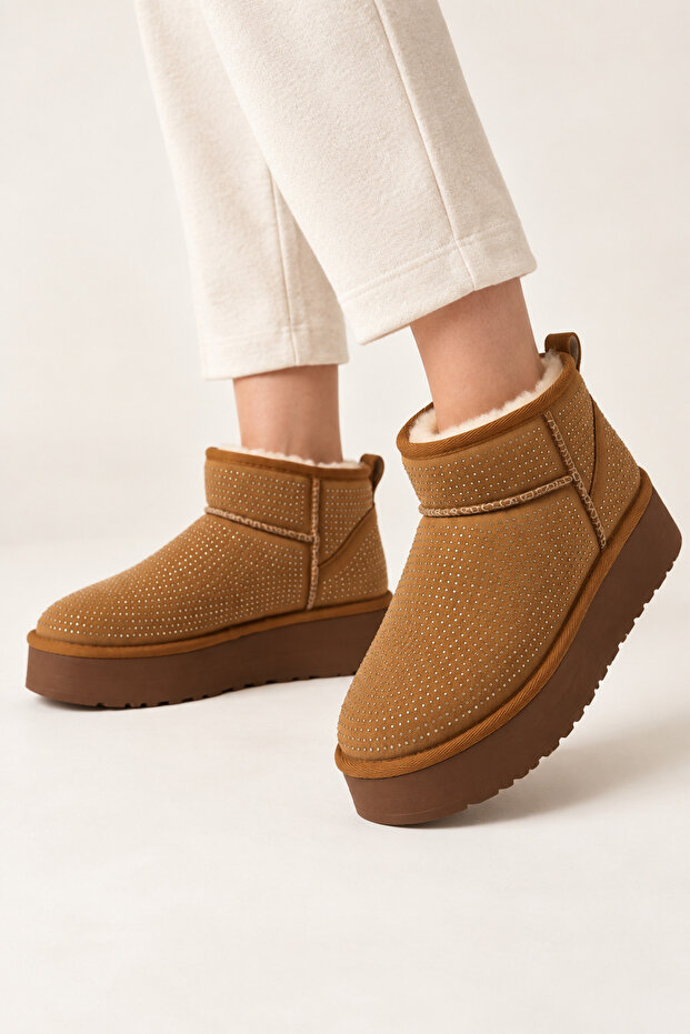 Women'S, Stone Detailed, Fur Lined, 4 cm Thick Sole Ankle Boots
