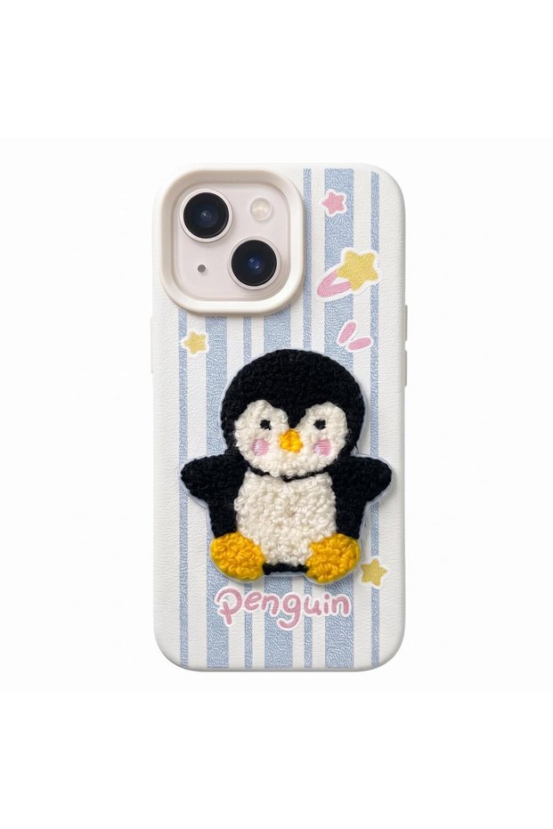 Apple iPhone 14-Compatible Case: Stitched Puppy Plush Striped Penguin
