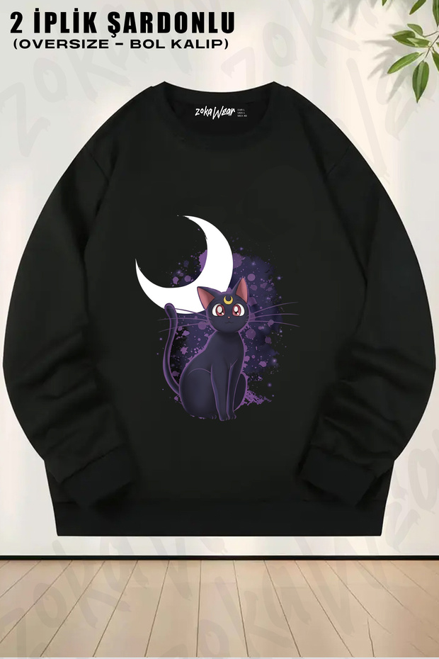 Luna Cat Sailor Moon Moon Sailor Printed Crew Neck Sweatshirt