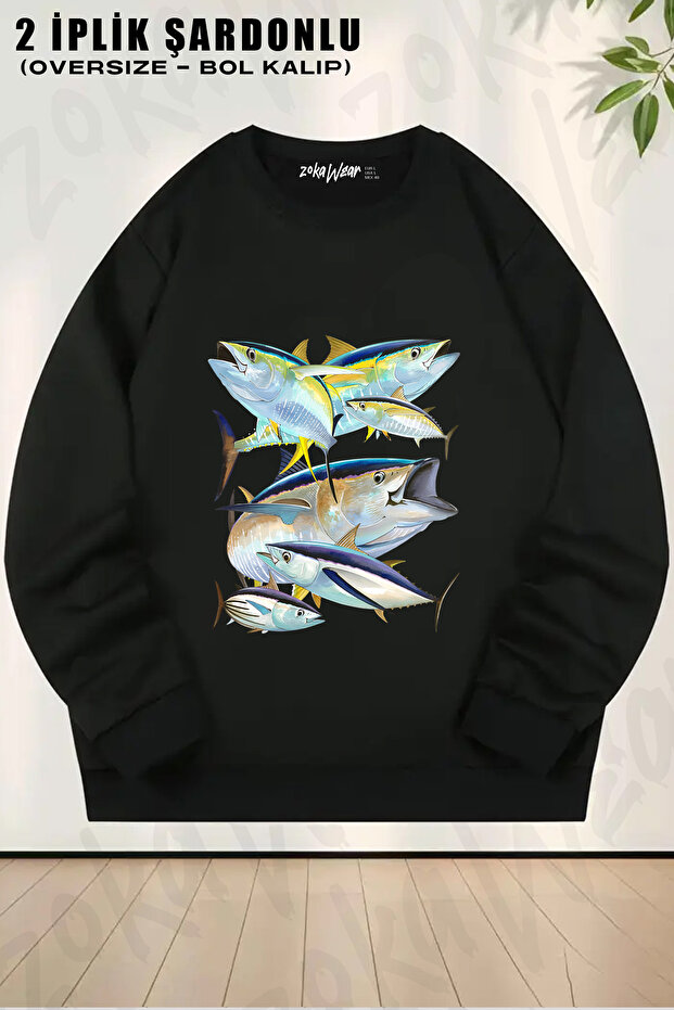 Silver Fish Printed Crew Neck Sweatshirt with Reverse Pattern