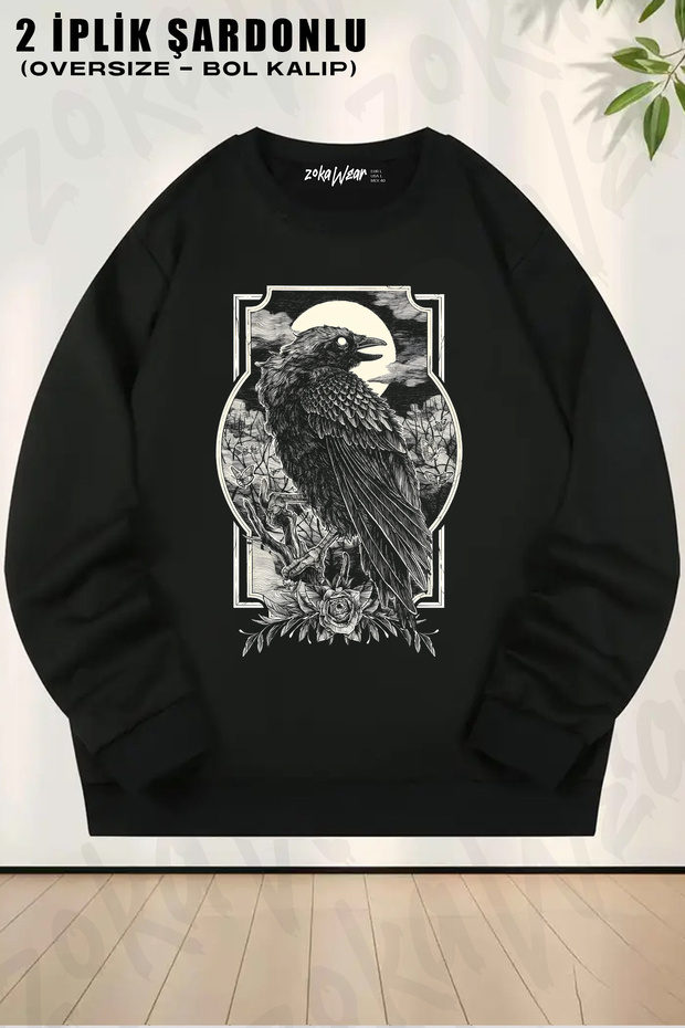 Kuzgun Raven Crow Printed Crew Neck Sweatshirt