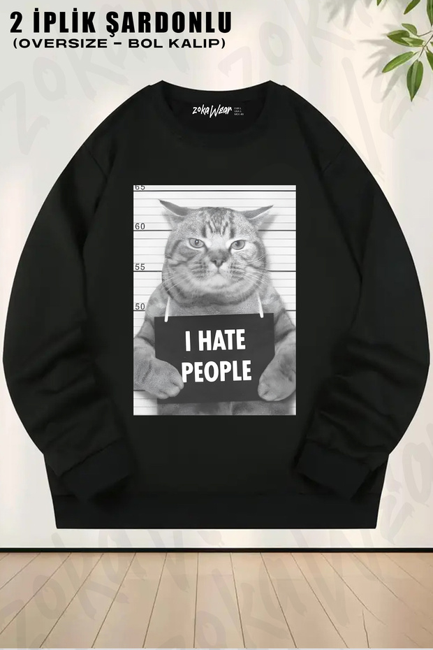 Ironik Cat Design Printed Crew Neck Sweatshirt