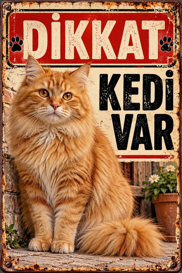 Caution Cat Is Present Long-Haired Sarman Cat Retro Metal Wall Decorative Warning Sign 30X40 cm