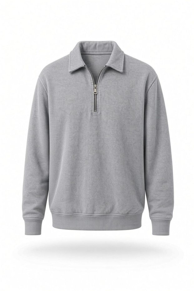 Poylx Two Thread Men's Polo Collar Metal Zipper Sweatshirt - Half Zipper Comfortable Fit Solid Color Sweatshirt