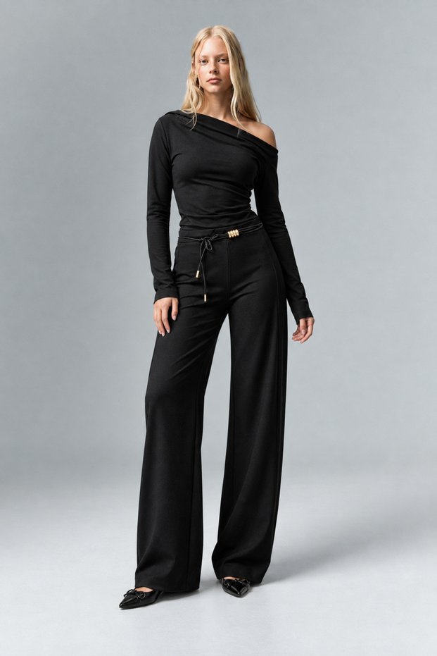 Women's Soft Textured Asymmetrical Shoulder Draped Blouse and Belted Wide Leg Pants Two-Piece Set-Black