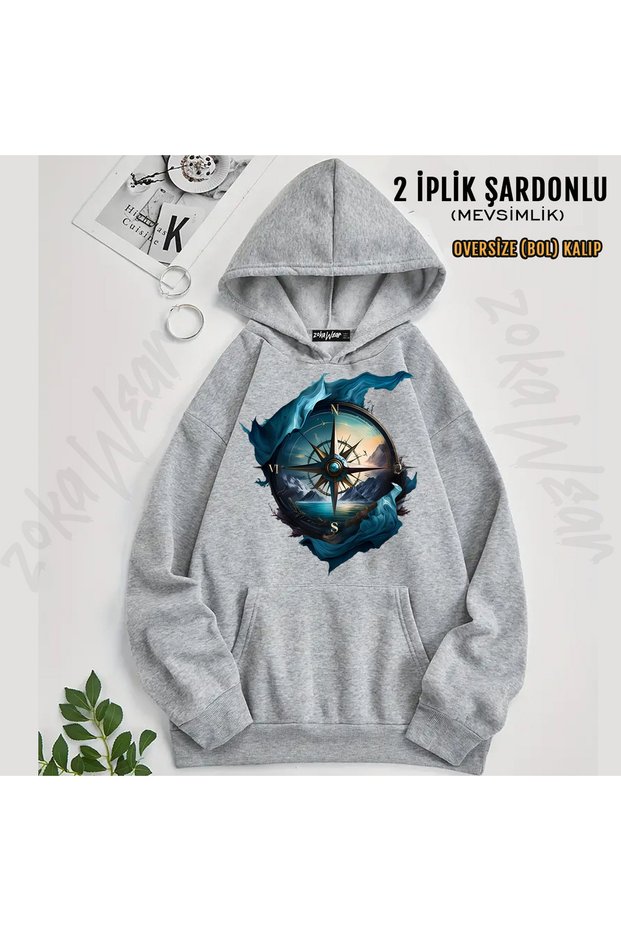 Colorful Landscape and Compass Printed Hooded Sweatshirt