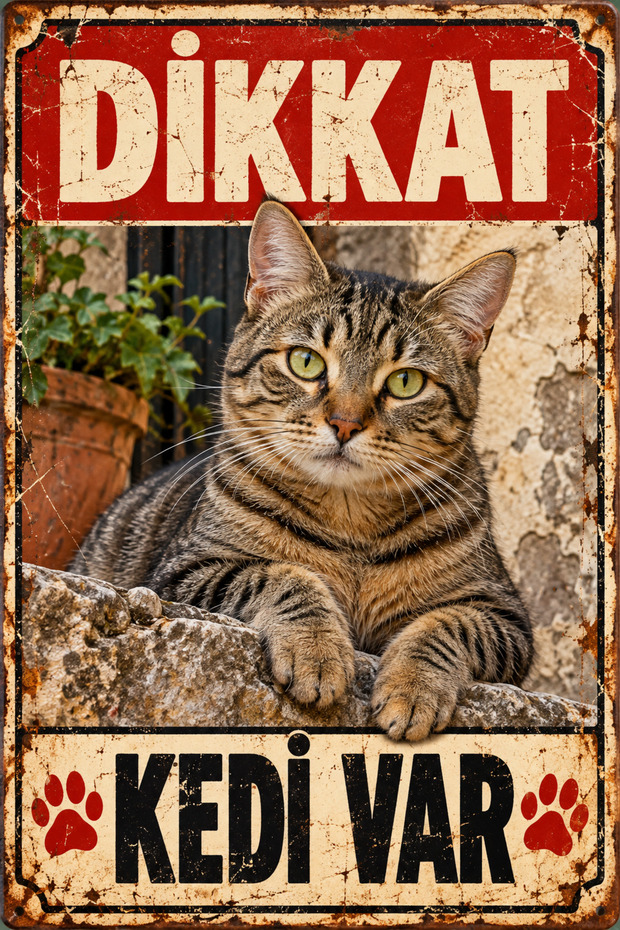 Caution Cat Is Present Striped Tabby Cat Retro Metal Wall Sign 20X30 cm