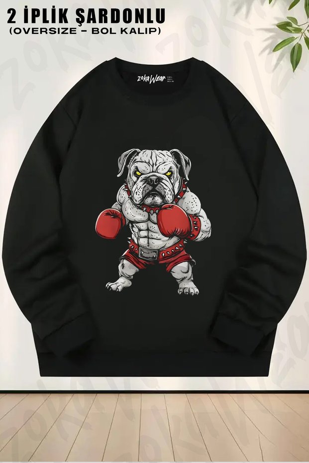 Bulldog Boxing Kopek Fight Spor Gym Printed Crew Neck Sweatshirt with Boxing Gloves