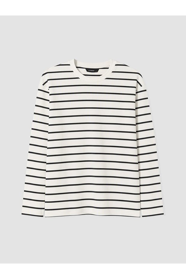 Özmarka New Season White Crew Neck Striped Men's Sweatshirt