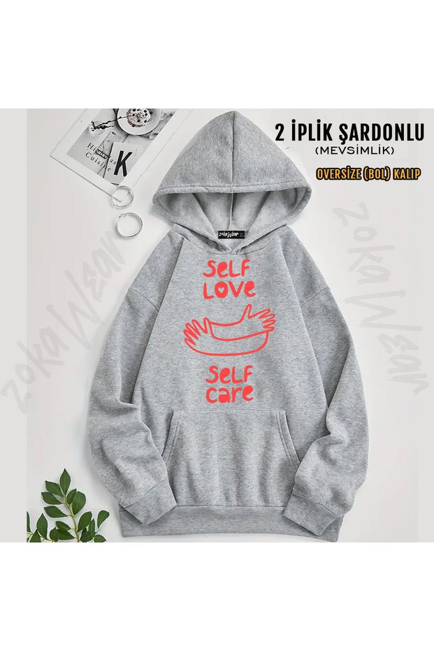 Self Care Self Love Printed Hooded Sweatshirt