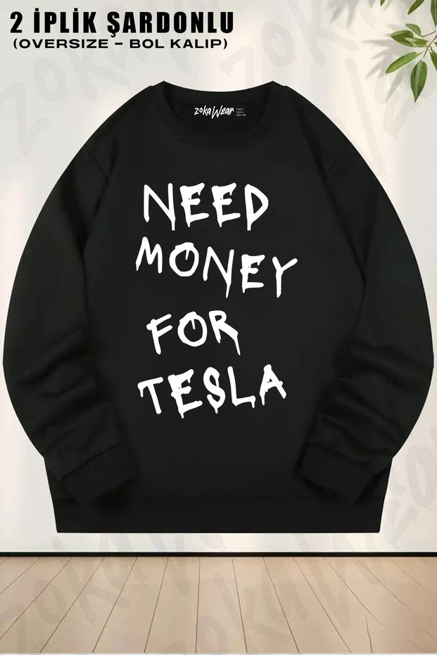 Tesla Need Money for Tesla Printed Crew Neck Sweatshirt