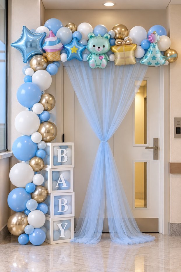 Newborn Baby Hospital Room Door Decoration Set Baby Boy 45 Balloons, Baby Box, Blue Tulle, Foil Balloon Welcome Set Party Decor Baby Shower Baby Birth Room