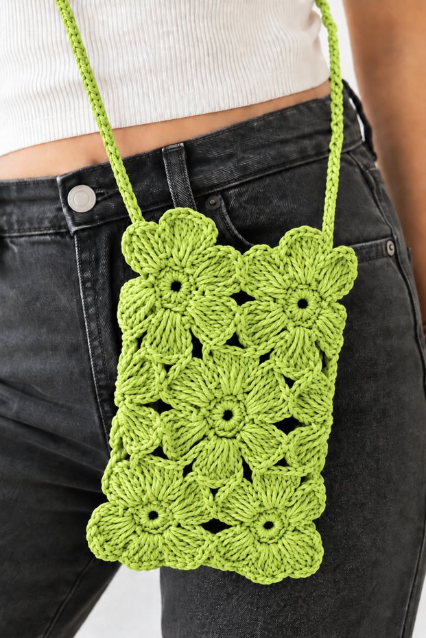 Paper String Hand-Knitted Flower Motif Phone Bag