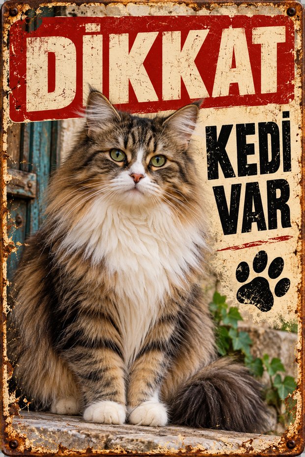 Caution There Is a Cat Long-Haired Cat Retro Metal Wall Decor Warning Sign 20X30 cm