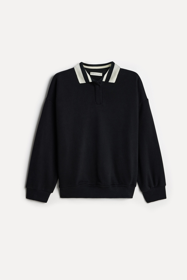 Women's Black Polo Collar Sweatshirt