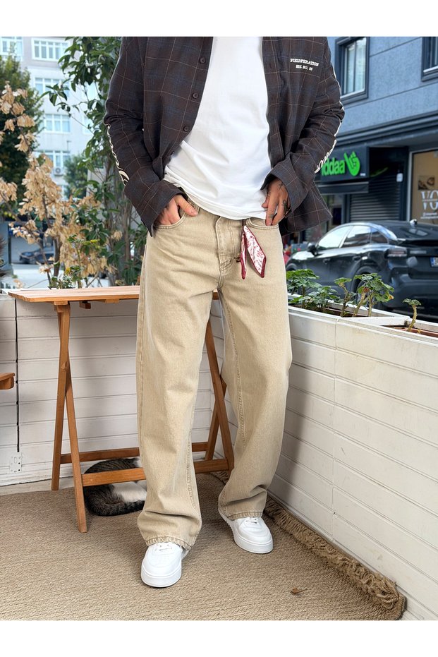 W11 Belt Detailed Baggy Fit Jeans Brown 3492