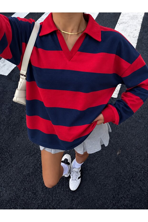 Polo Collar Striped Oversize Sweatshirt Jt9728