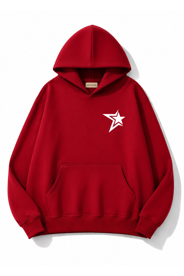 Chest Star Printed Oversize Sweatshirt with Kangaroo Pocket