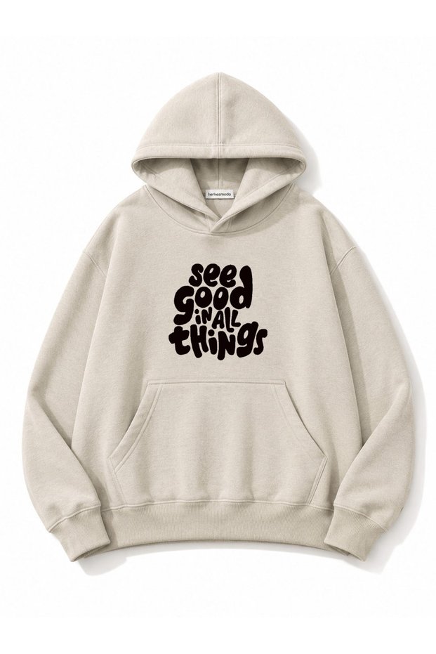 See Good Printed Oversize Sweatshirt with Kangaroo Pocket
