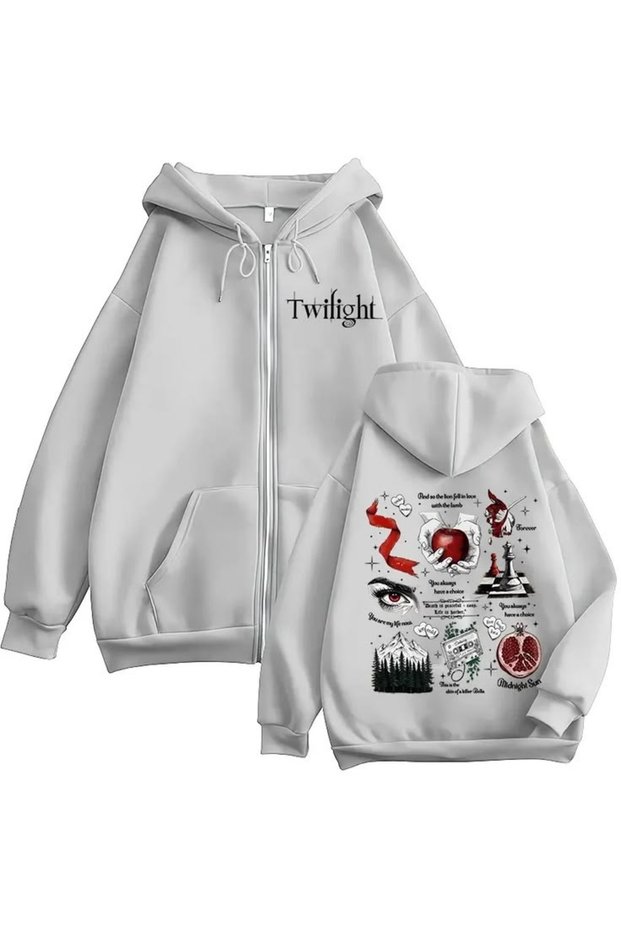 Twilight Printed 3 Thread Zippered Cardigan with Ribbon Oversize