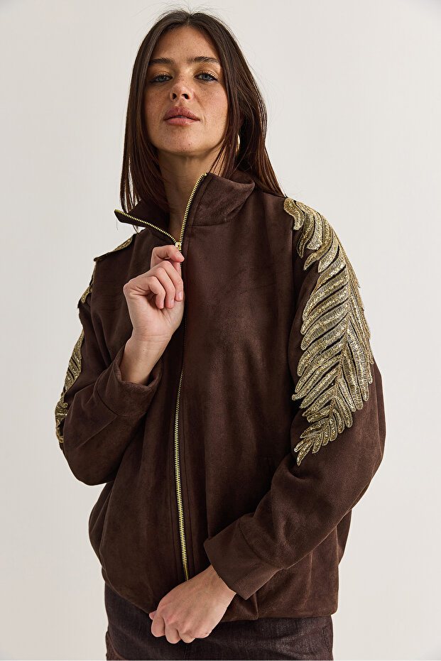 Women's Bitter Brown Gold Appliqué Detailed Pocketed Lined Suede Jacket 5012 60286598