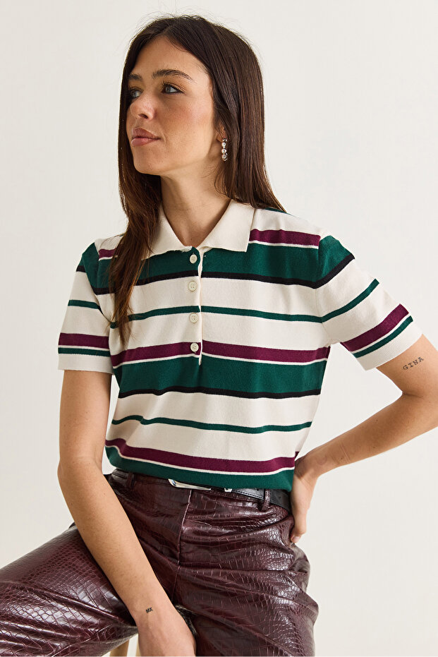 Women's Ecru-Green Polo Collar Buttoned Striped Short Sleeve Knitwear Blouse Tk261131 60286584