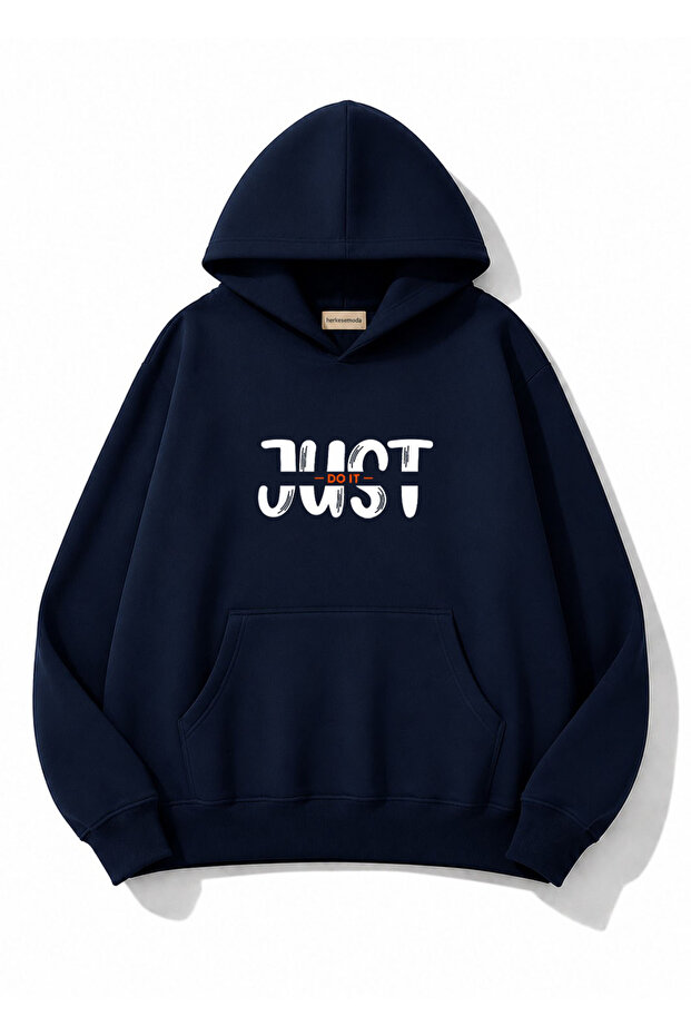 Just Text Printed Oversize Sweatshirt with Kangaroo Pocket