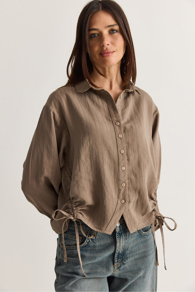 Women's Mink Side Gathered Buttoned Shirt with Tie Detail 2344 60286594